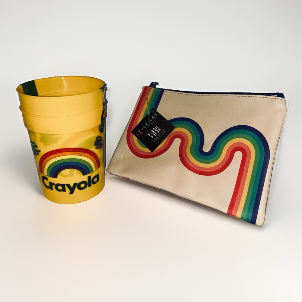 NWT Retro Rainbow School Bundle - Style Lab Pencil Pouch & Crayola Cups Set (2)